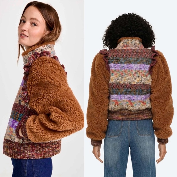 Sea New York Felicity Crochet & Sherpa Sleeve Jacket Brown Multi XXS - Picture 2 of 9